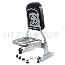 Chrome Skull Detachable Sissy Bar Backrest & Luggage Rack for Harley Softail FLH