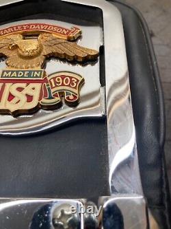 Vintage Harley Davidson Sissy Bar Backrest with Gold Eagle Emblem on Back